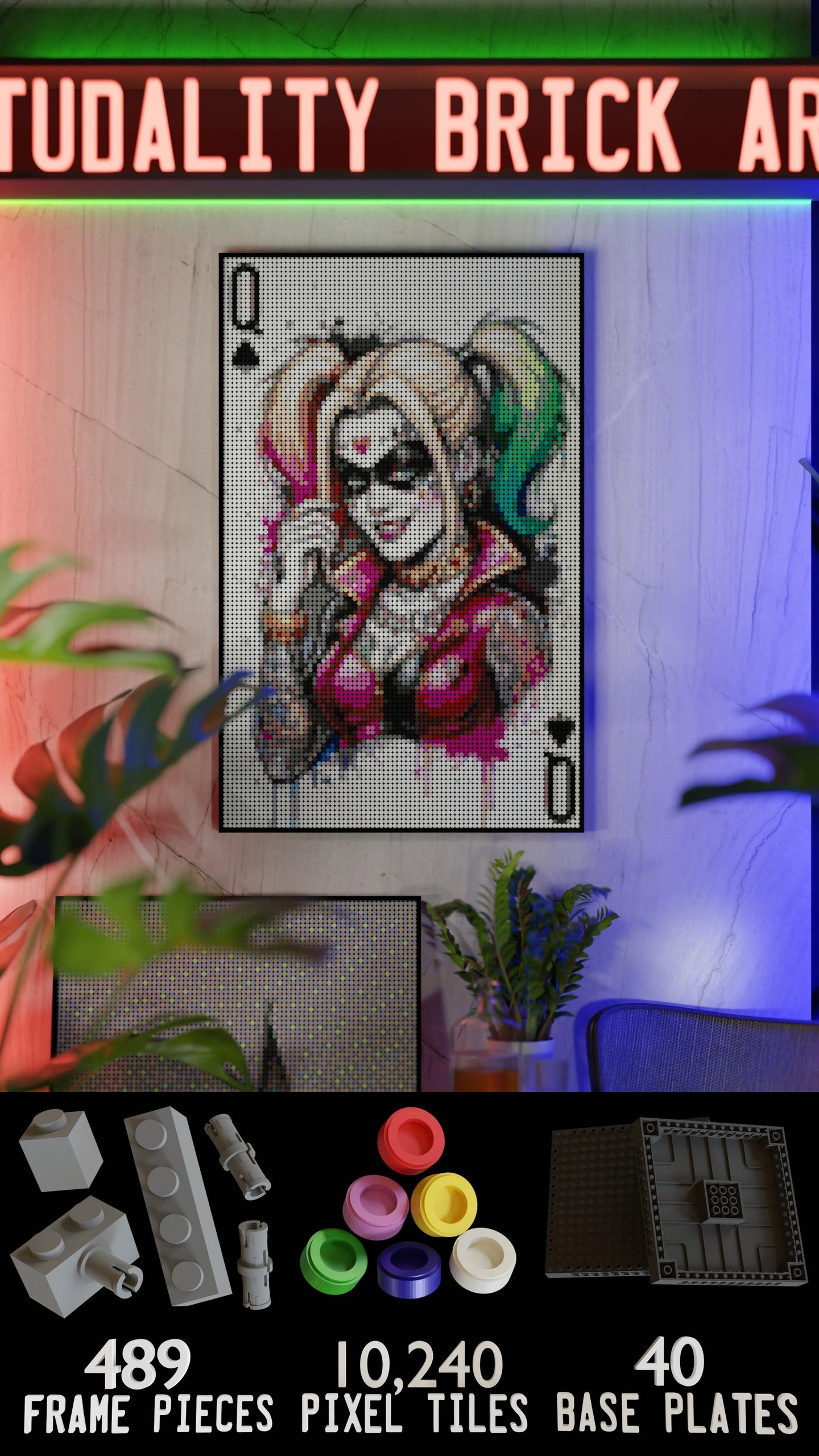 Harley Quinn DC Joker LEGO® Style mosaic wall art made from colorful plastic bricks